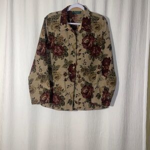 Floral Button-Up Jacket in Beige with Burgundy Roses